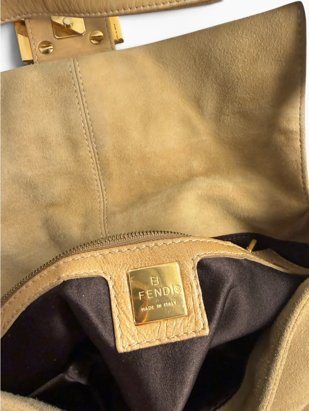 Fendi FF Logo Buttery Soft Camel Suede Baguette Bag Tan Gold